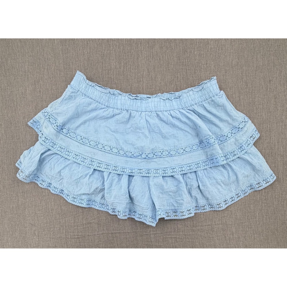 Arula Winslow Blue Ruffle Skort 2X Boho Crochet Lace Tiered Cotton Mini Skirt